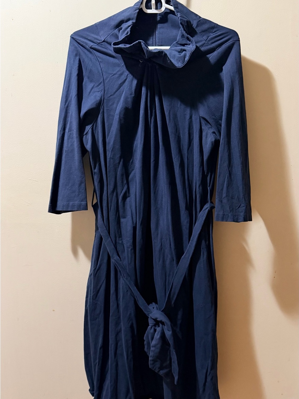 Navy Long-Sleeve Cowl Neck Dress with Self Tie